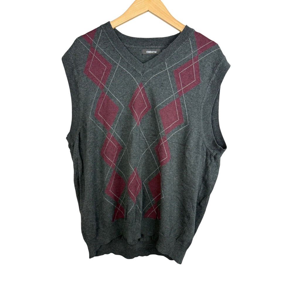 Claiborne Argyle Sweater Vest Men's XLT Gray Burgundy V-Neck Grandpa Core